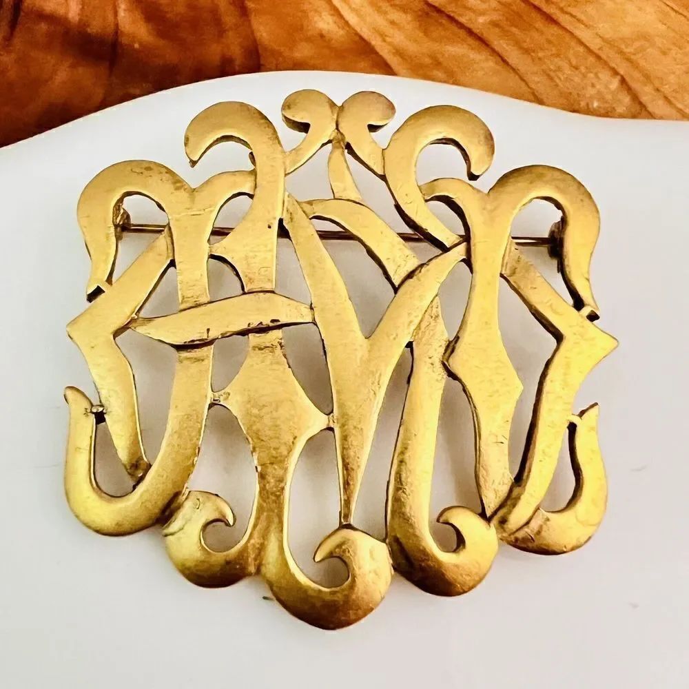 Vintage M Jent Brooch Celtic Knote Brushed Gold tone Metal Weaved Design 4018